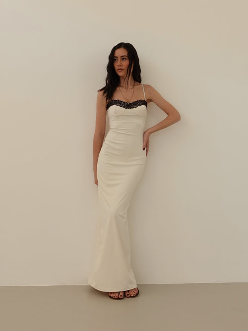 LONG DRESS CON BORDINO IN PIZZO - PANNA 6039