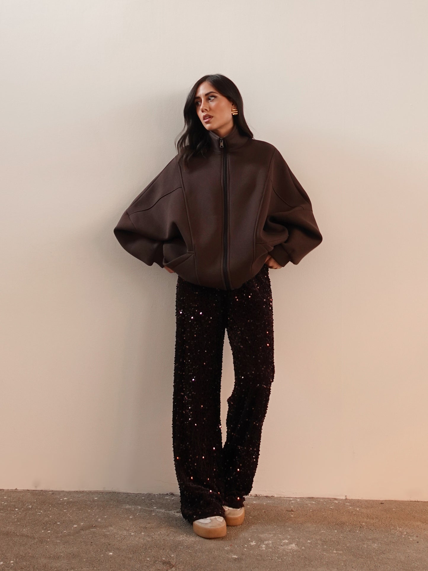 PANTALONI IN CINIGLIA CON PAILLETTES - MARRONE 10460