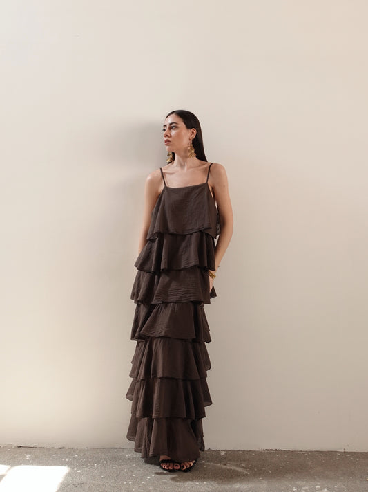 DRESS A BALZE IN COTONE - CIOCCOLATO 7431