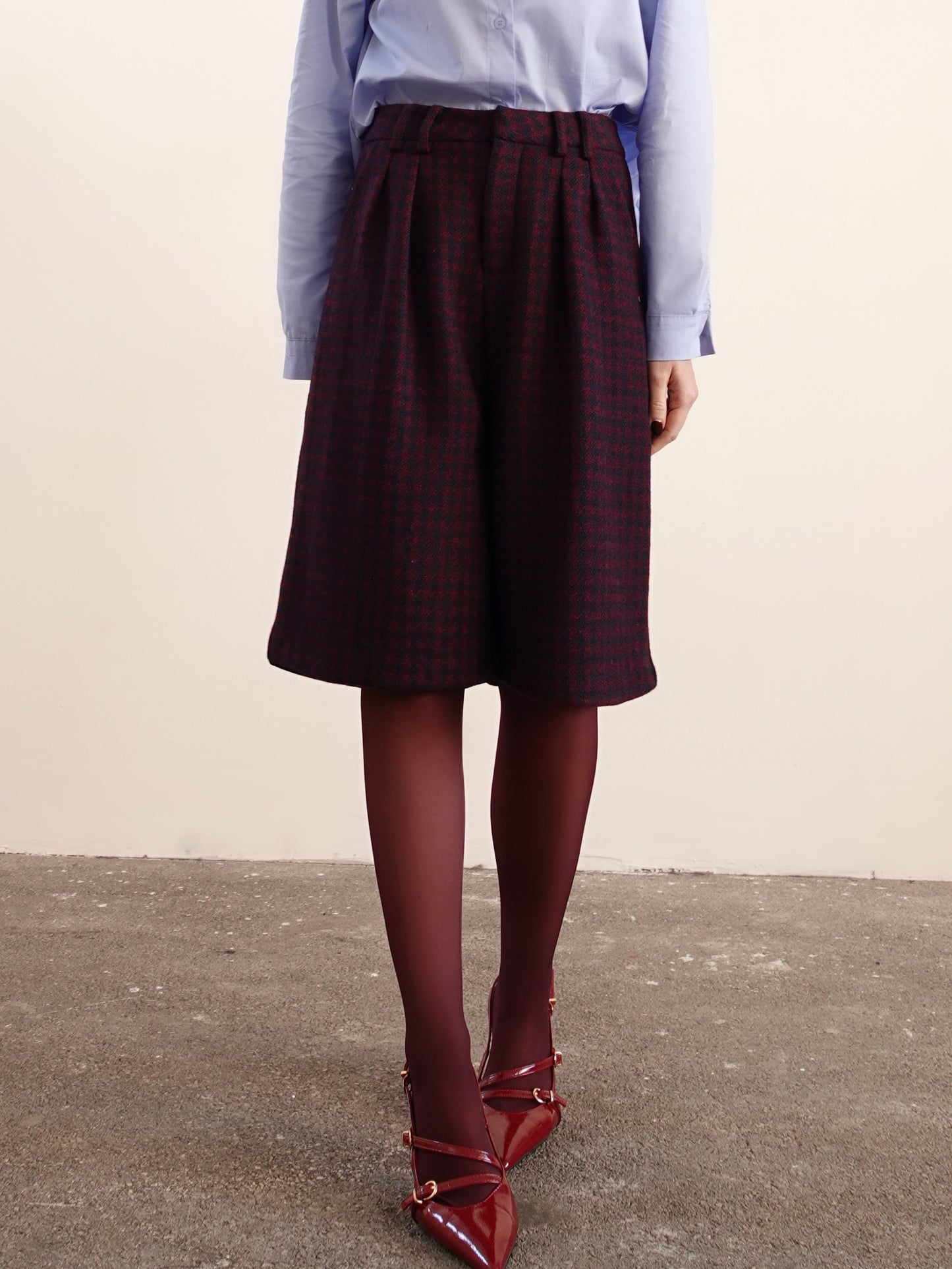 BERMUDA PIED DE POULE IN LANA - BORDEAUX/BLU 5978