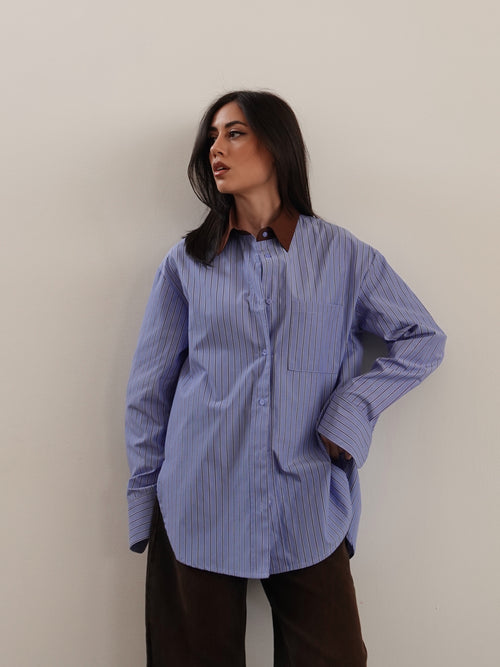 CAMICIA A RIGHE CON COLLETTO A CONTRASTO - AZZURRO/MARRONE 5073