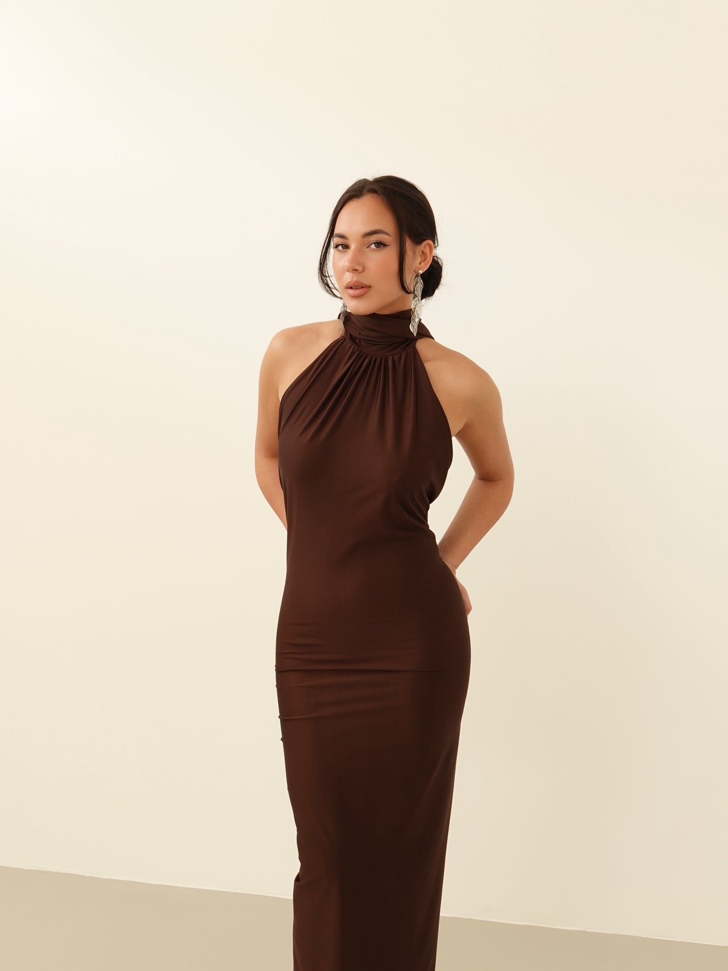 LONG DRESS SATIN PENELOPE - CIOCCOLATO 25605