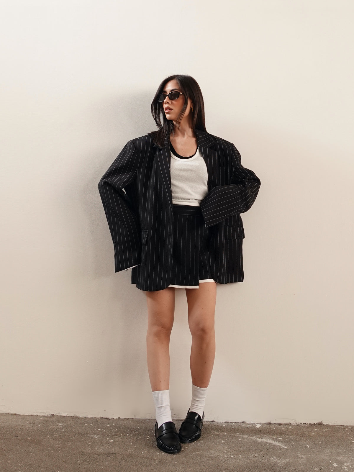 BLAZER GESSATO CON RISVOLTO A CONTRASTO - NERO 3141