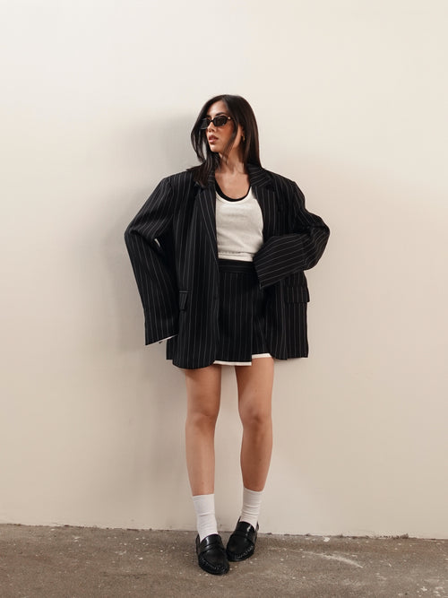 BLAZER GESSATO CON RISVOLTO A CONTRASTO - NERO 3141