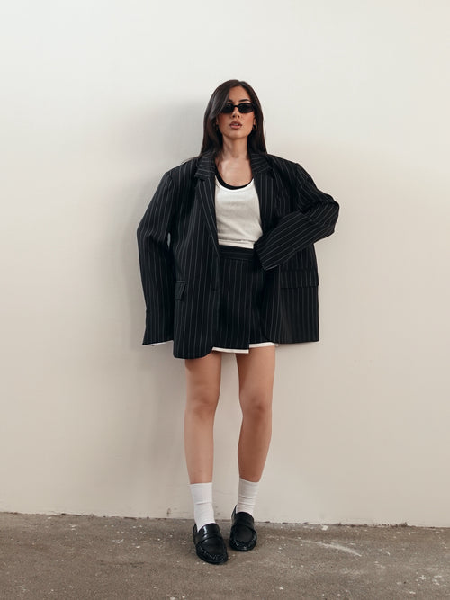 BLAZER GESSATO CON RISVOLTO A CONTRASTO - NERO 3141