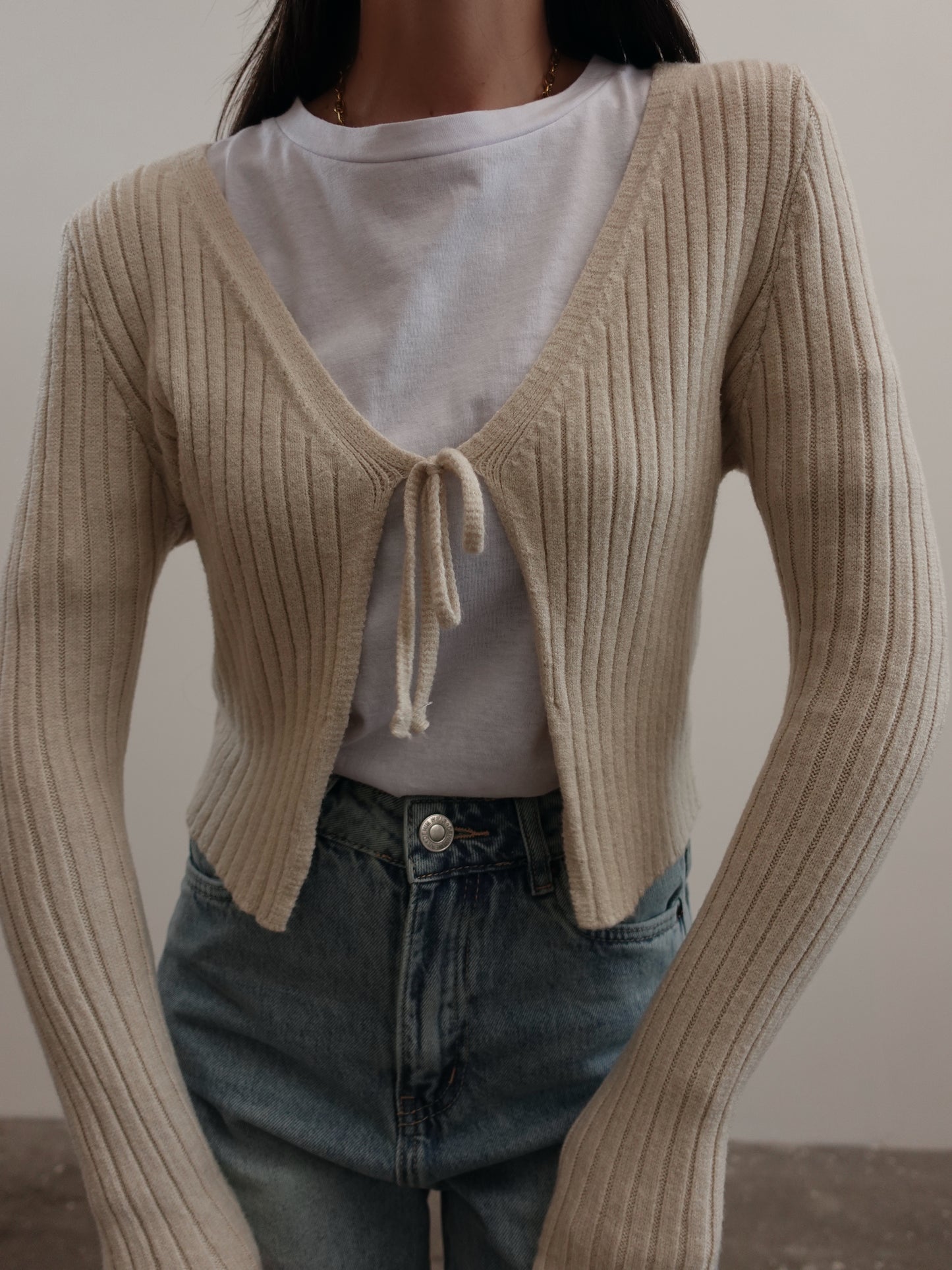 CARDIGAN A COSTE CON LACCETTI - BEIGE 2289