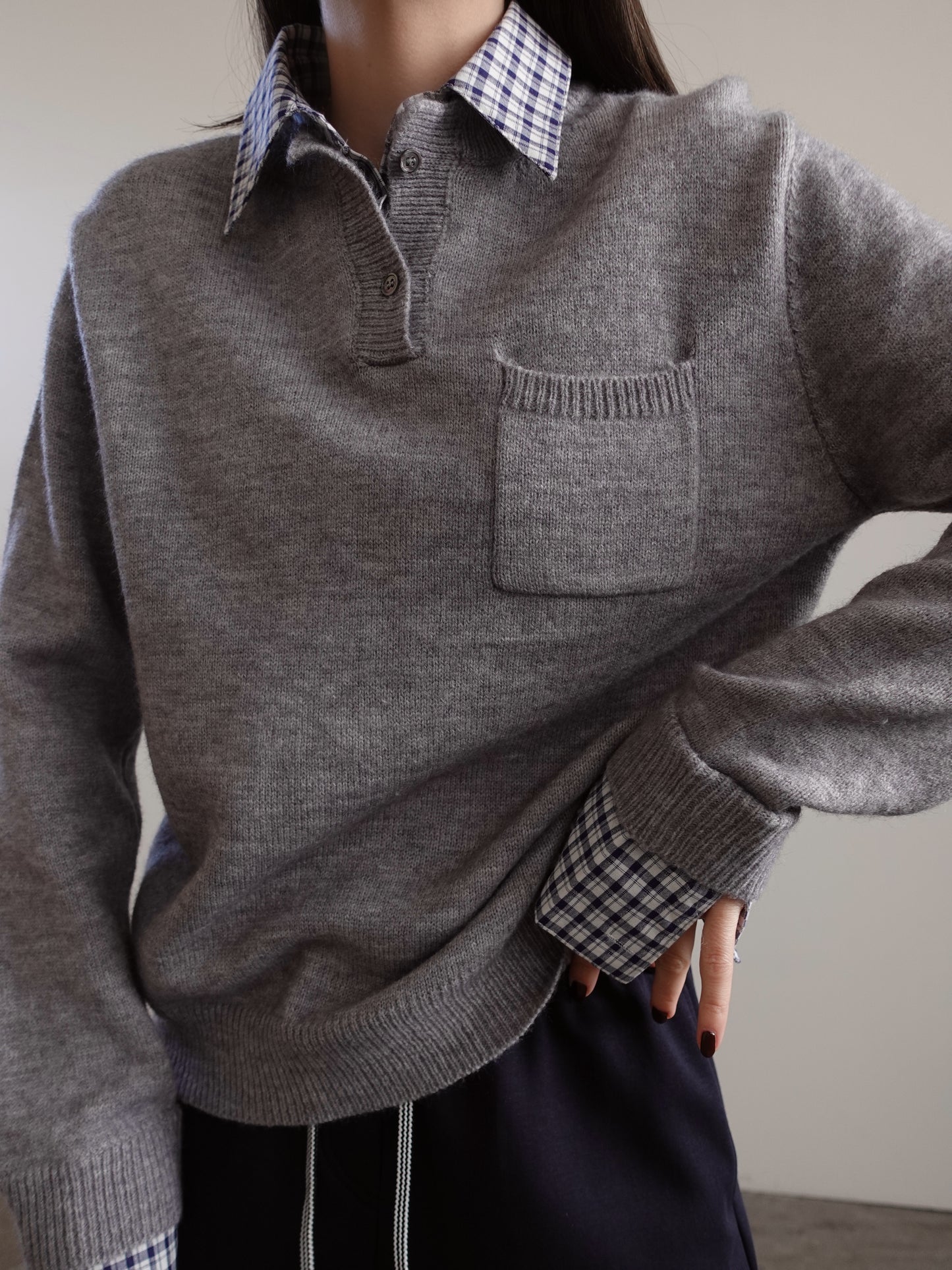 MAGLIONE CON COLLETTO E POLSI A QUADRI - GRIGIO 1241
