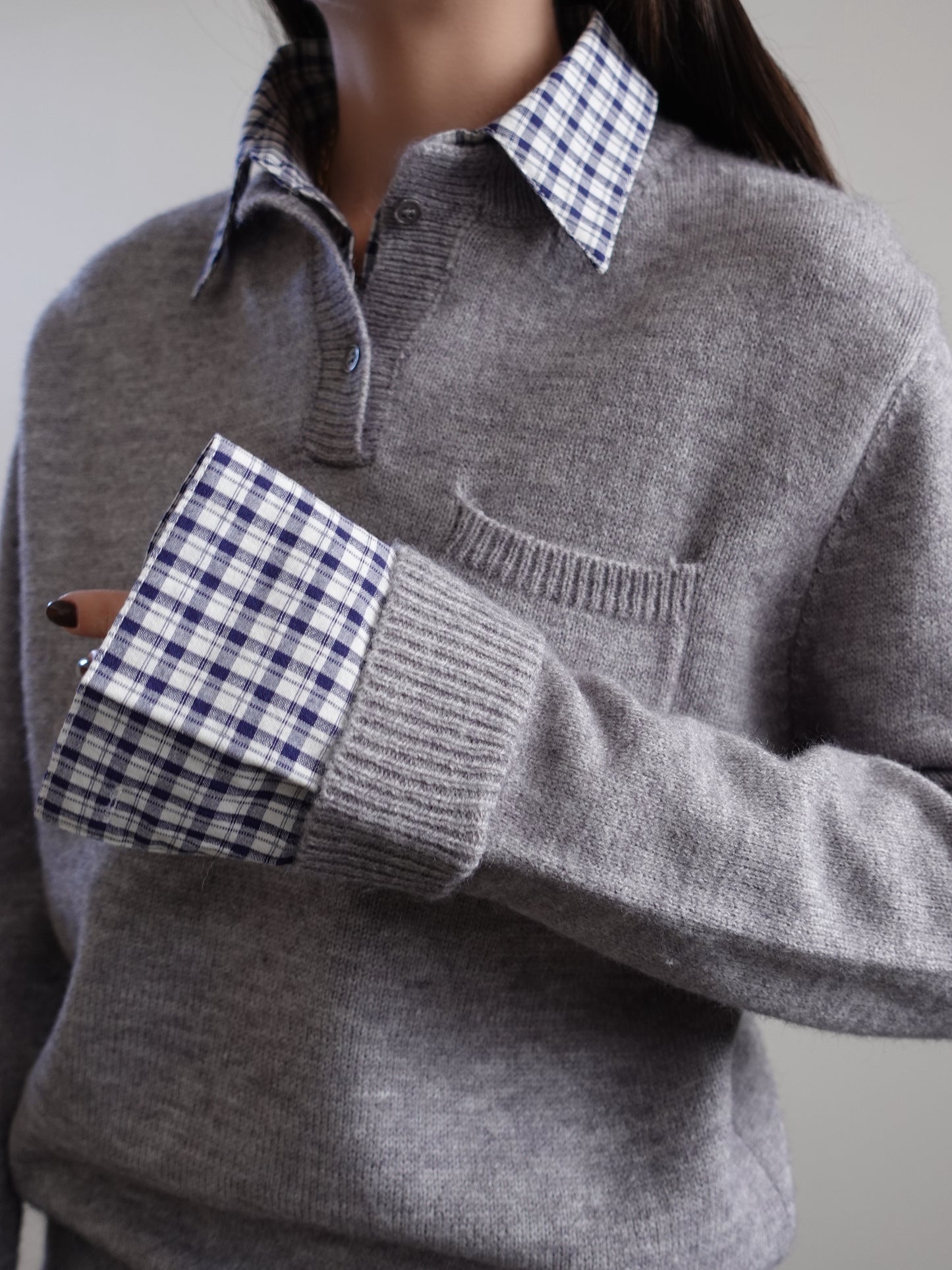 MAGLIONE CON COLLETTO E POLSI A QUADRI - GRIGIO 1241