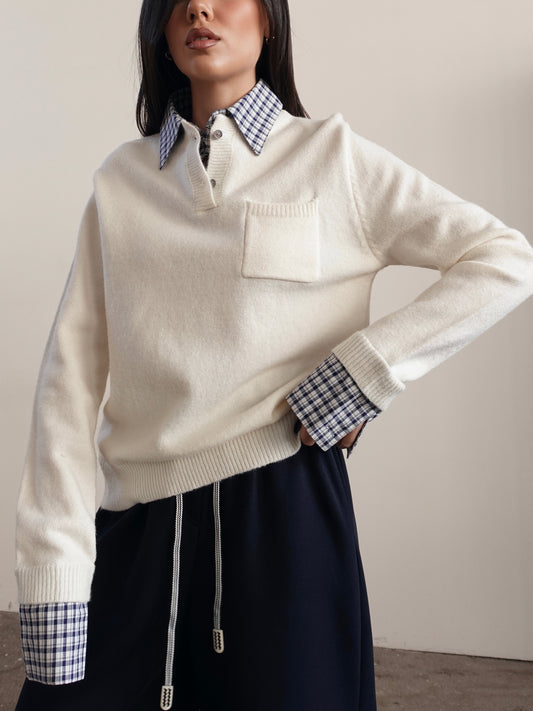 MAGLIONE CON COLLETTO E POLSI A QUADRI - PANNA 1241