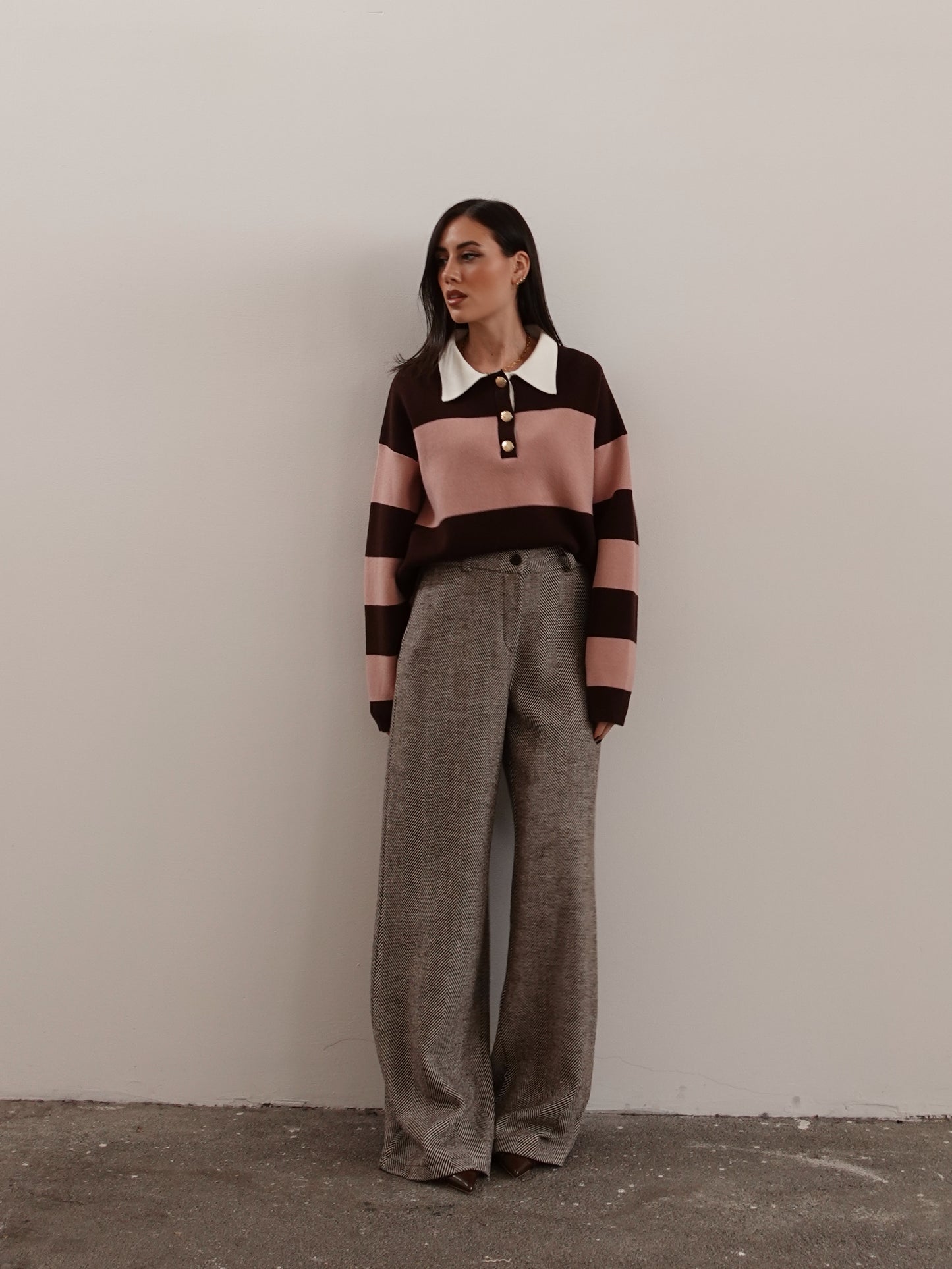 MAGLIONCINO A FASCE CON BOTTONI ORO - ROSA/MARRONE 7959