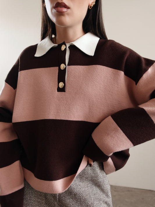 MAGLIONCINO A FASCE CON BOTTONI ORO - ROSA/MARRONE 7959