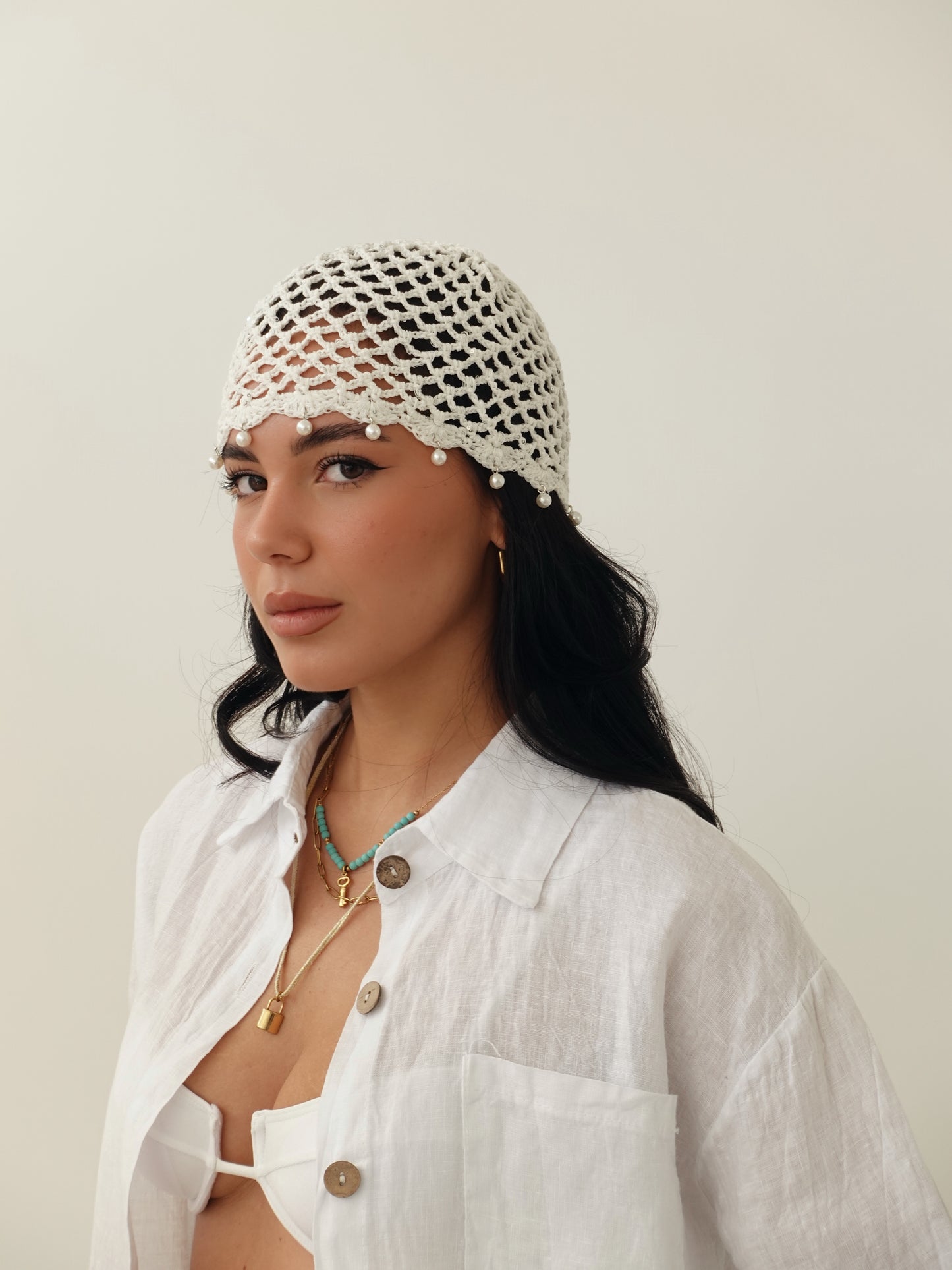 CUFFIETTA CROCHET CON PERLINE - BIANCO