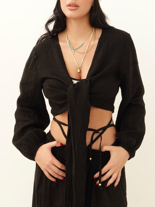BLUSA CROP CON NODO 100% LINO - NERO 8767