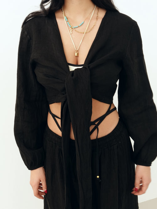 BLUSA CROP CON NODO 100% LINO - NERO 8767