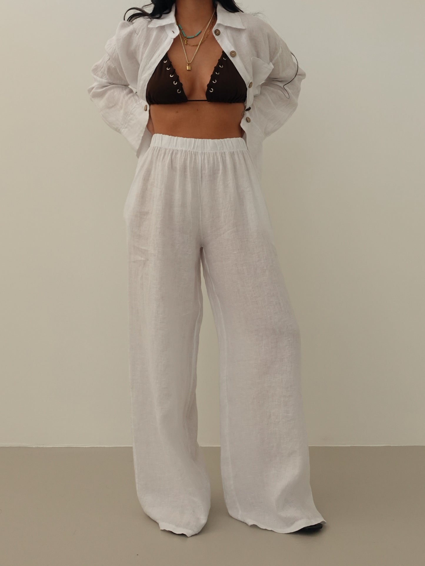 PANTALONI WIDE LEG 100% LINO - BIANCO 8767-2