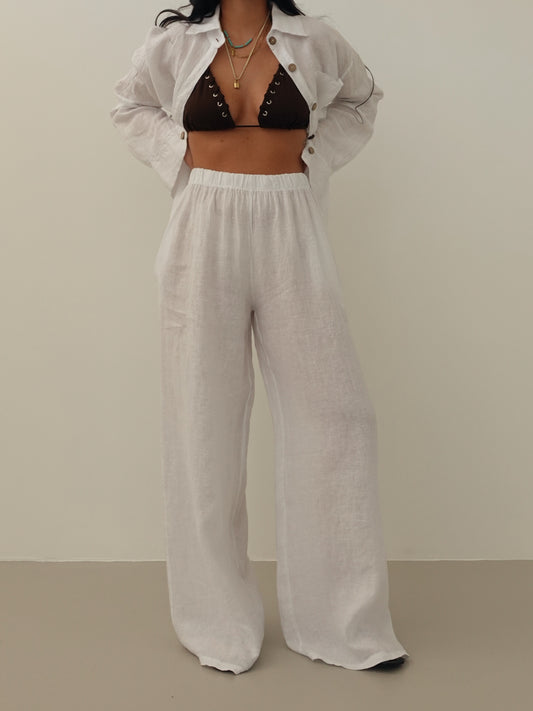 PANTALONI WIDE LEG 100% LINO - BIANCO 8767-2