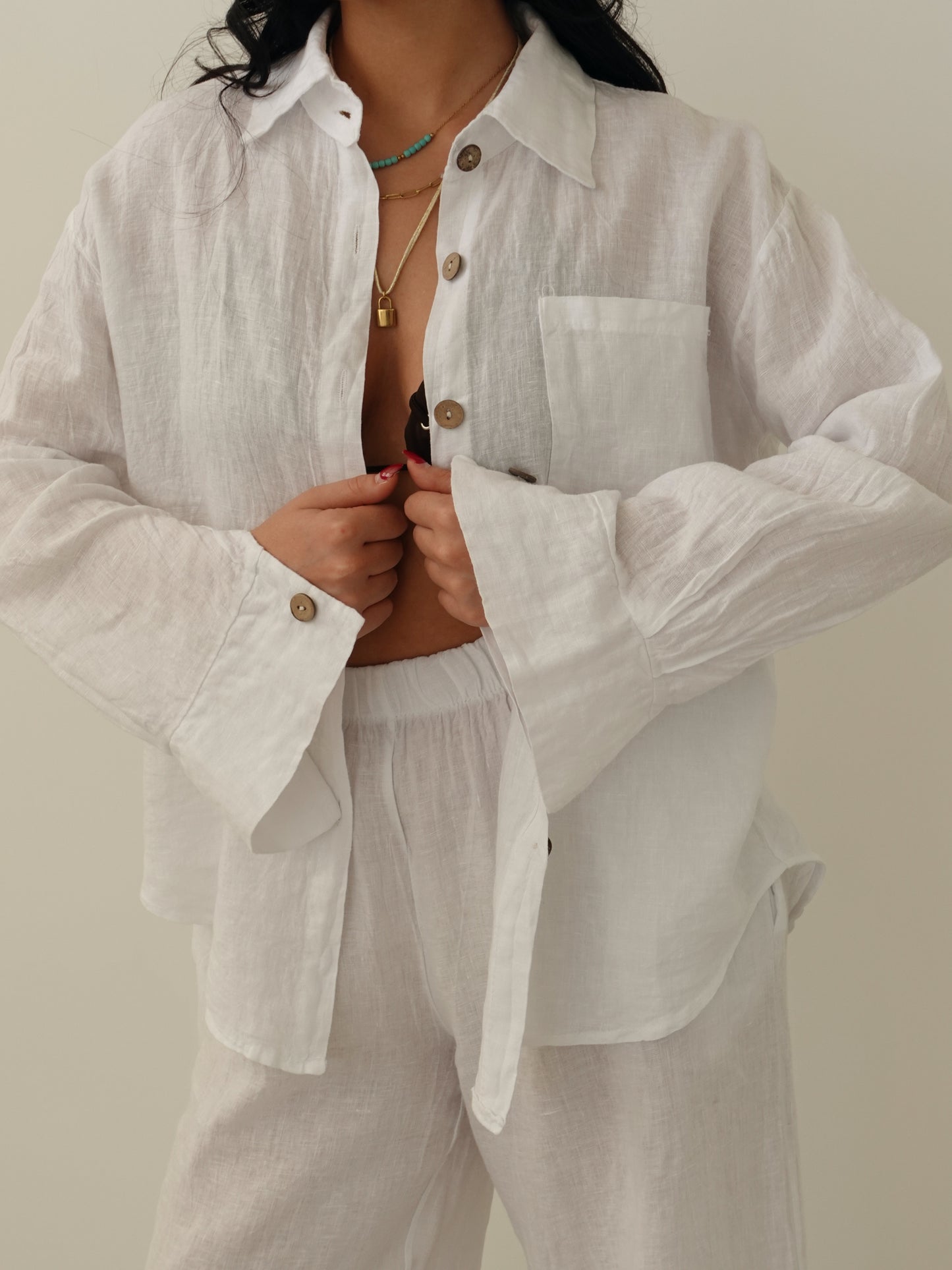 CAMICIA CON TASCHINO IN 100% LINO - BIANCO 8612-1