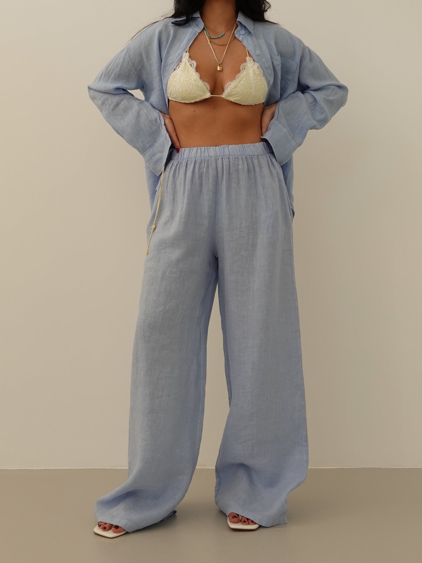 PANTALONI WIDE LEG 100% LINO - AZZURRO 8767-2