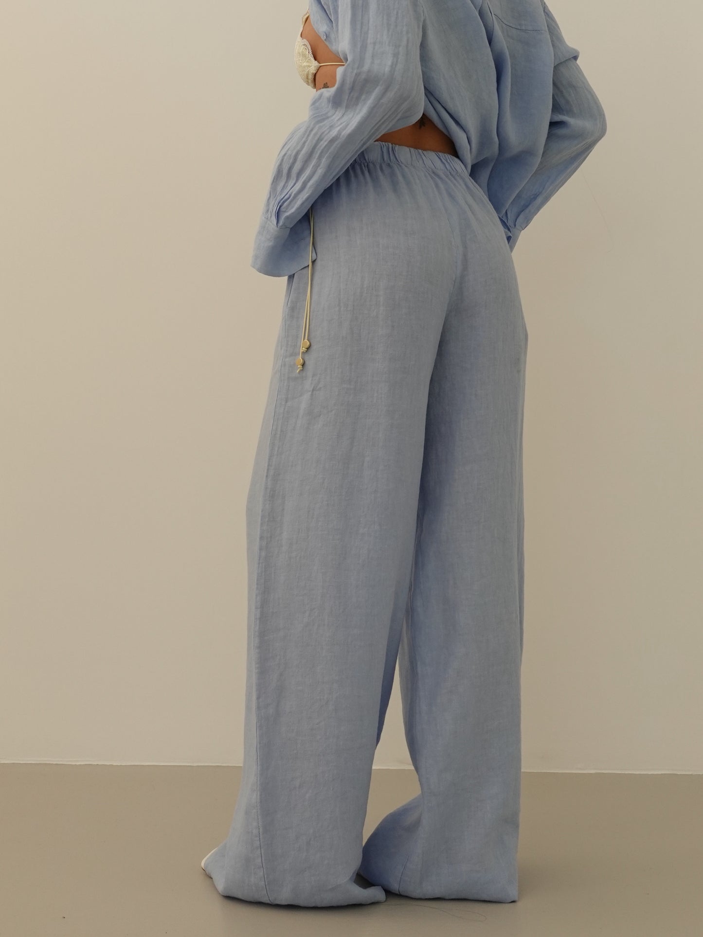 PANTALONI WIDE LEG 100% LINO - AZZURRO 8767-2