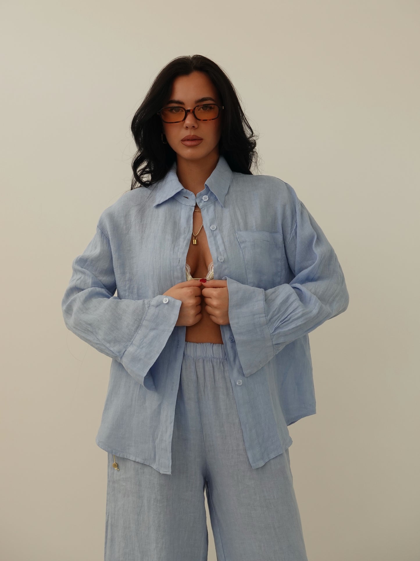 CAMICIA CON TASCHINO IN 100% LINO - AZZURRO 8612-1