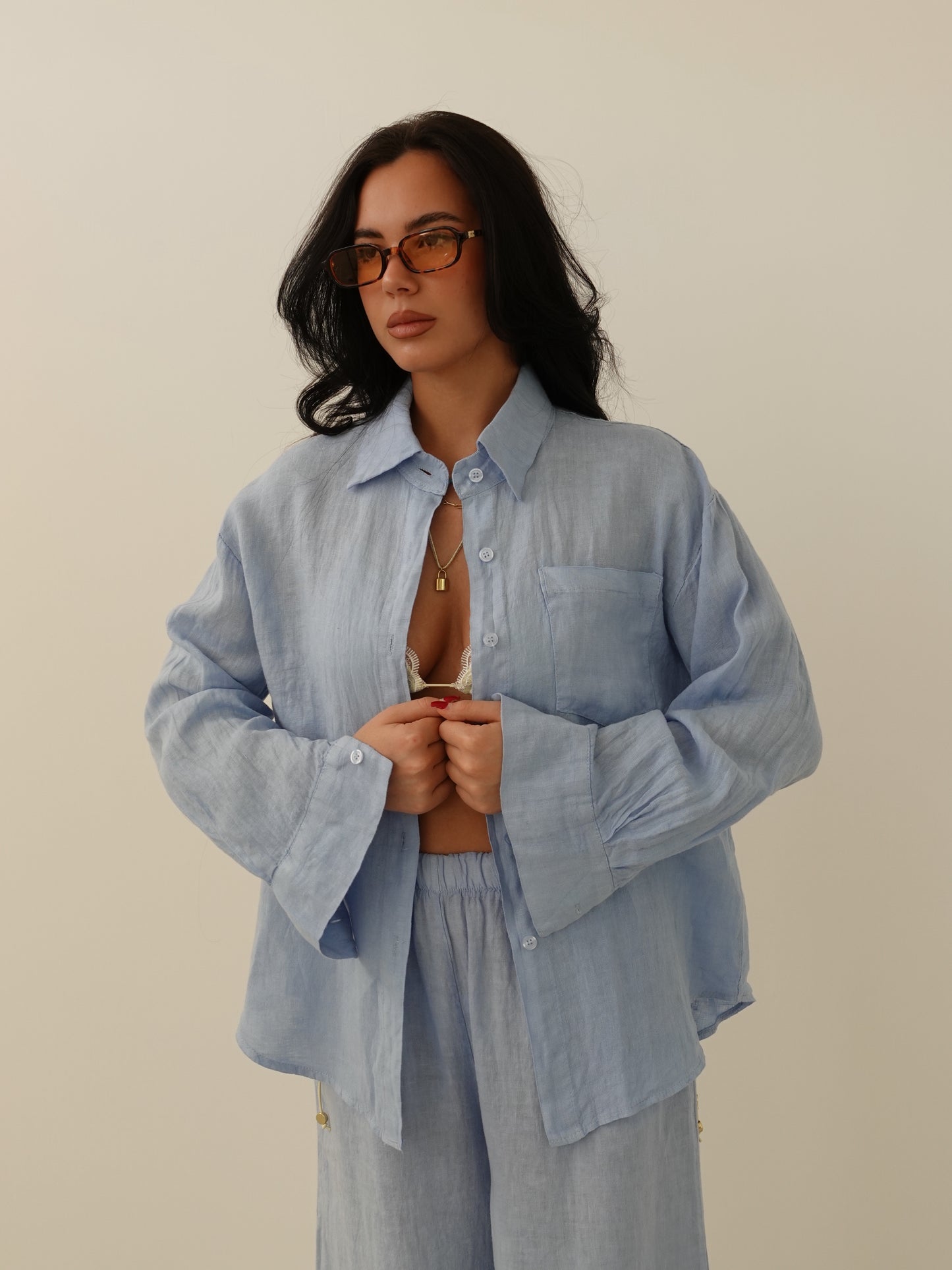 CAMICIA CON TASCHINO IN 100% LINO - AZZURRO 8612-1