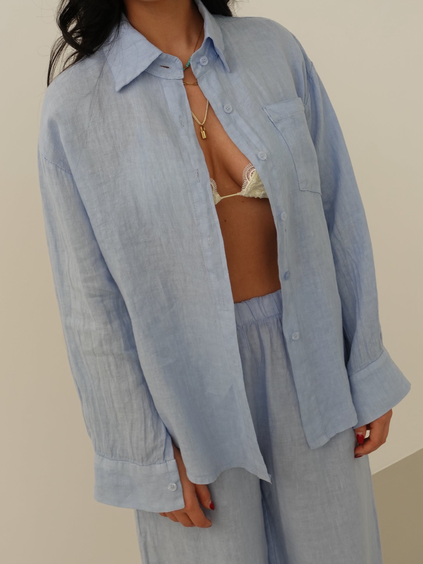 CAMICIA CON TASCHINO IN 100% LINO - AZZURRO 8612-1
