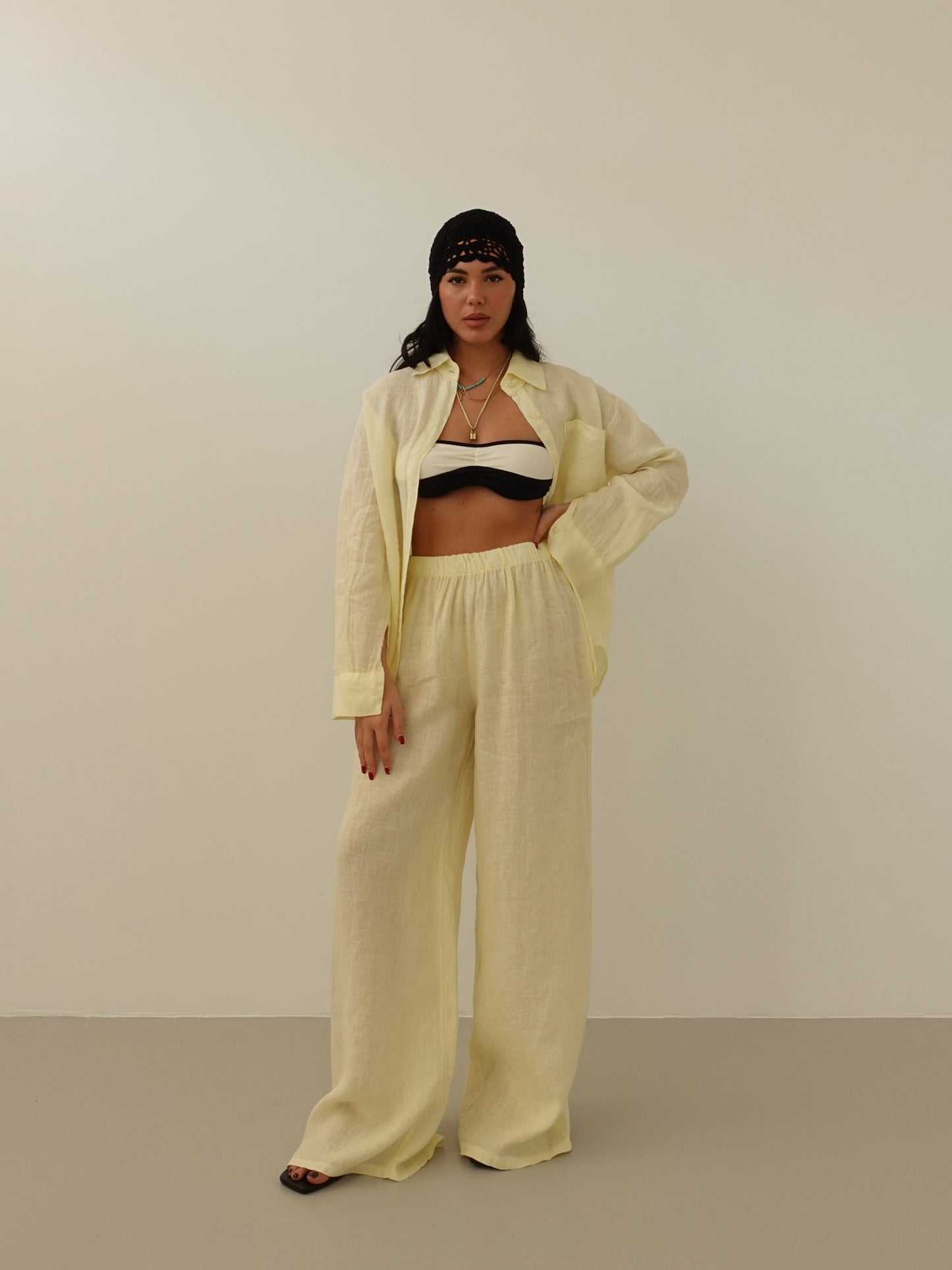 PANTALONI WIDE LEG 100% LINO - GIALLO 8767-2