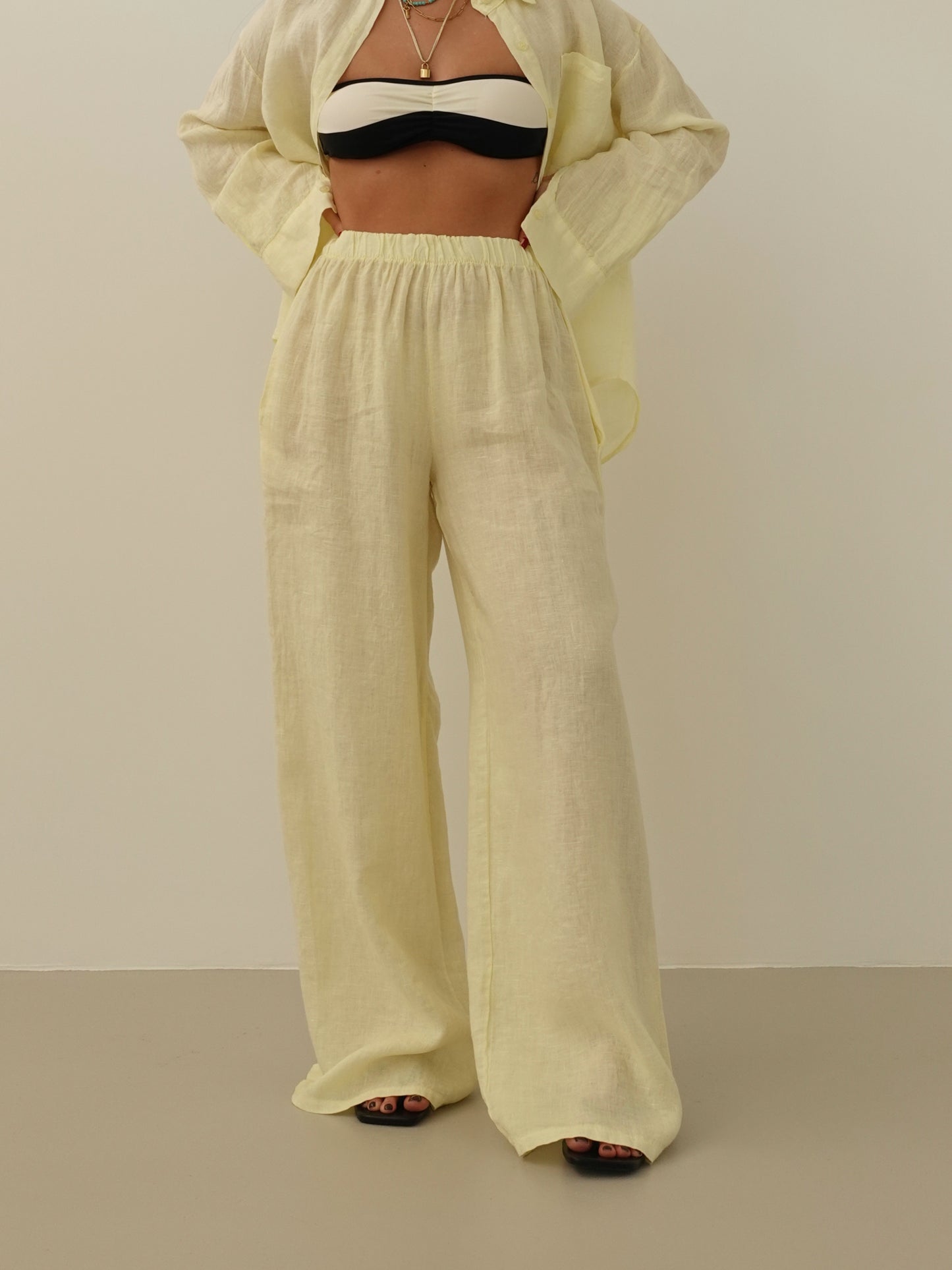 PANTALONI WIDE LEG 100% LINO - GIALLO 8767-2