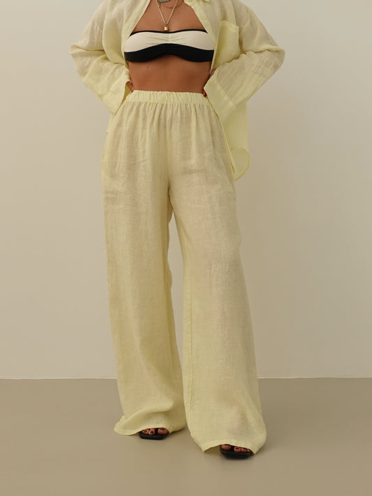 PANTALONI WIDE LEG 100% LINO - GIALLO 8767-2