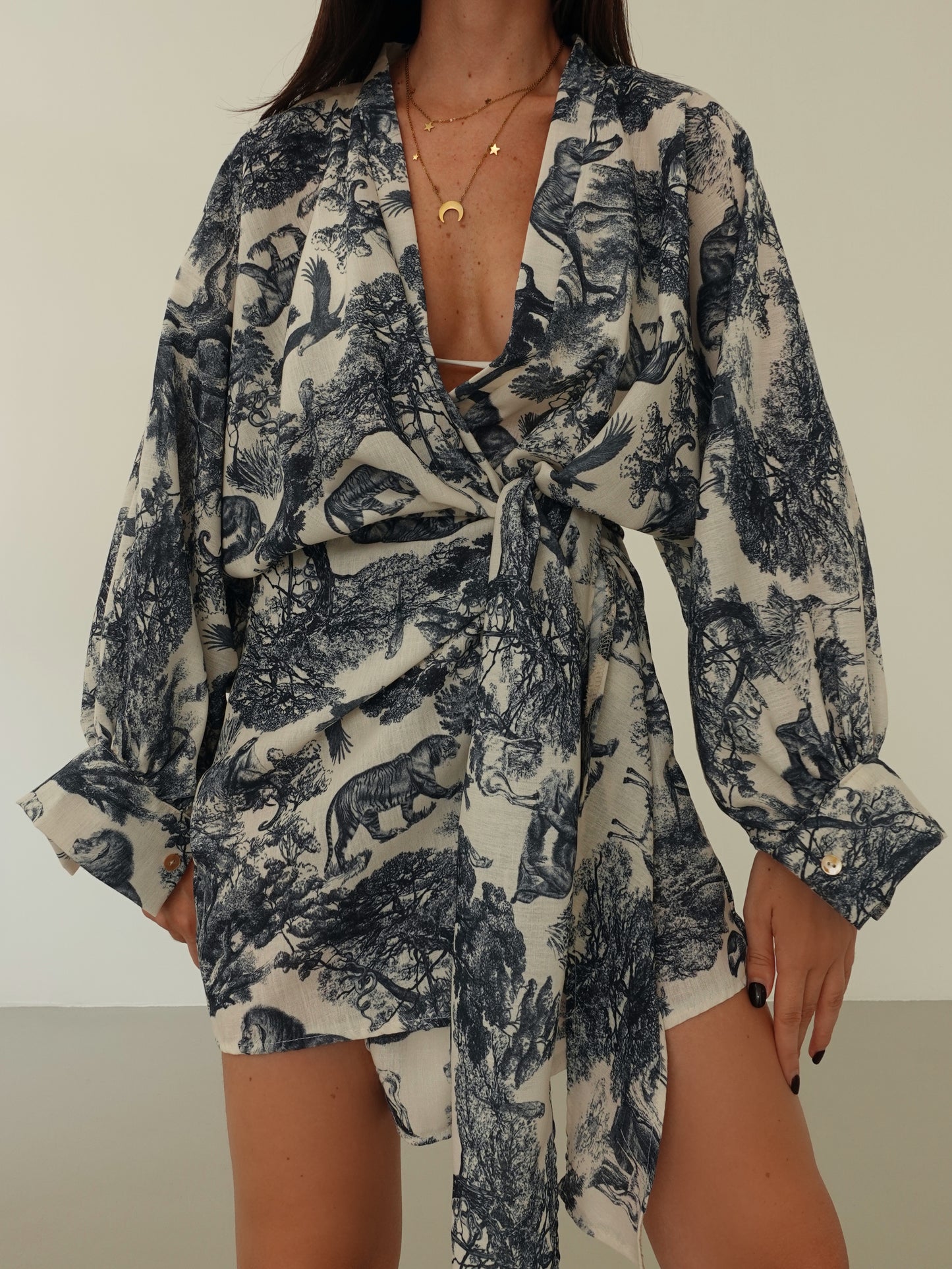 MINI DRESS JUNGLE A PORTAFOGLIO  - PANNA/BLU 668088