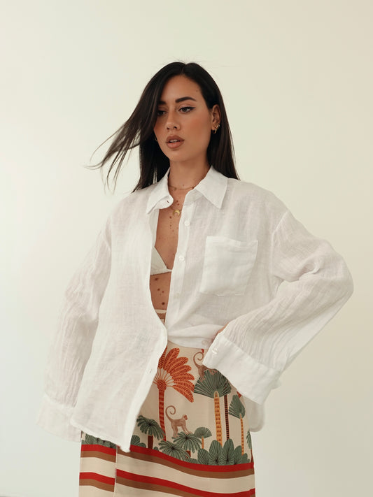 CAMICIA CON TASCHINO IN 100% LINO - BIANCO 8612-1