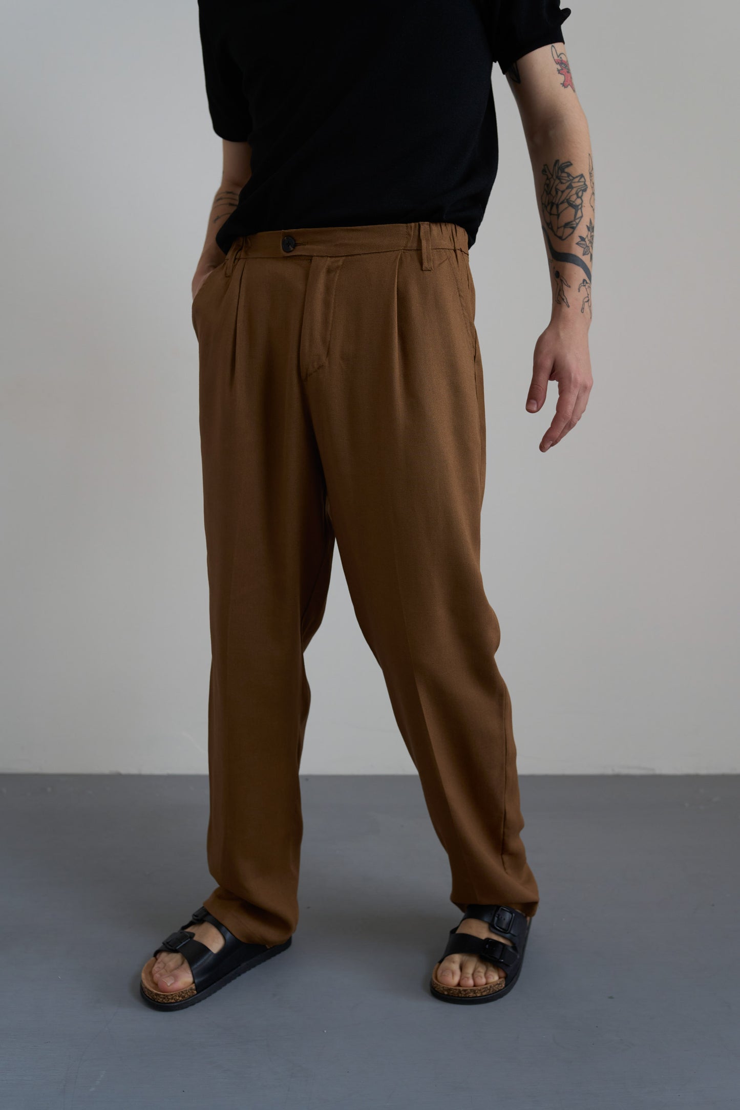 PANTALONI CHINO VISCOSA E LINO - MARRONE PU3355