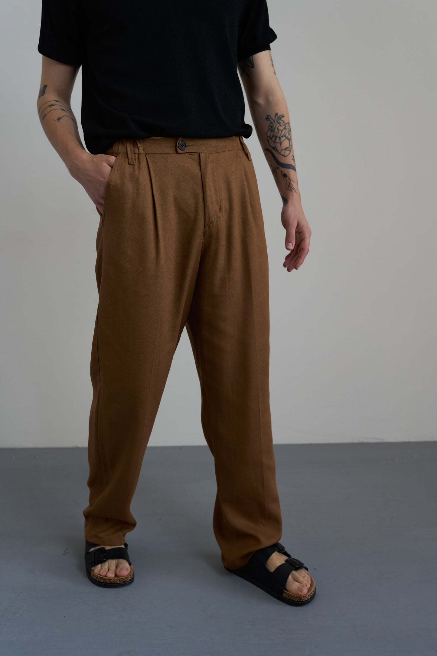 PANTALONI CHINO VISCOSA E LINO - MARRONE PU3355