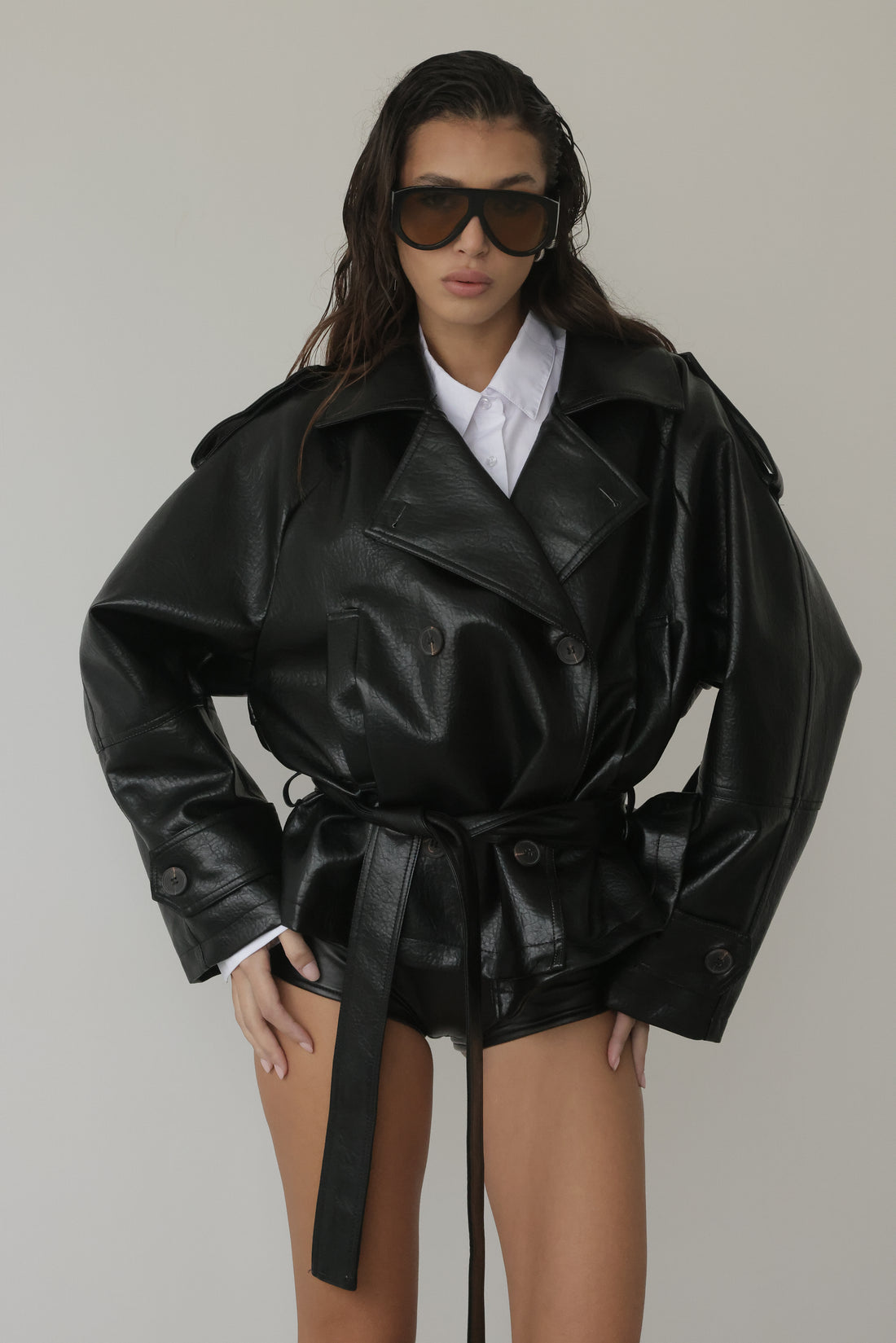 GIACCA BROOKLYN IN ECOPELLE CON CINTURA - NERO 8100